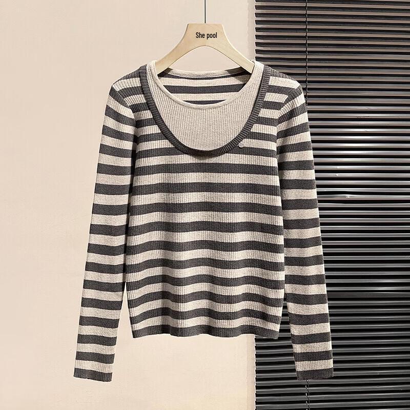 Women s Color-block Stripe Faux Two-piece Knit T-shirt One Size