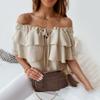 Europäische und Amerikanische Damen Schulterfreier Rüschenärmel Bootausschnitt Pullover Chiffon Binde-Front T-Shirt Locker Elegant und Stilvoll