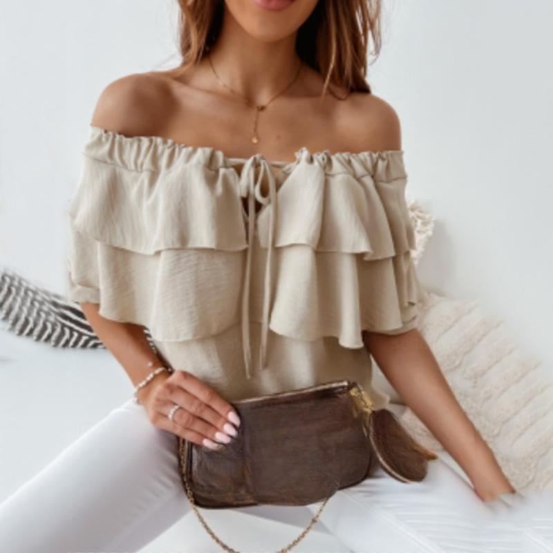 Europäische und Amerikanische Damen Schulterfreier Rüschenärmel Bootausschnitt Pullover Chiffon Binde-Front T-Shirt Locker Elegant und Stilvoll