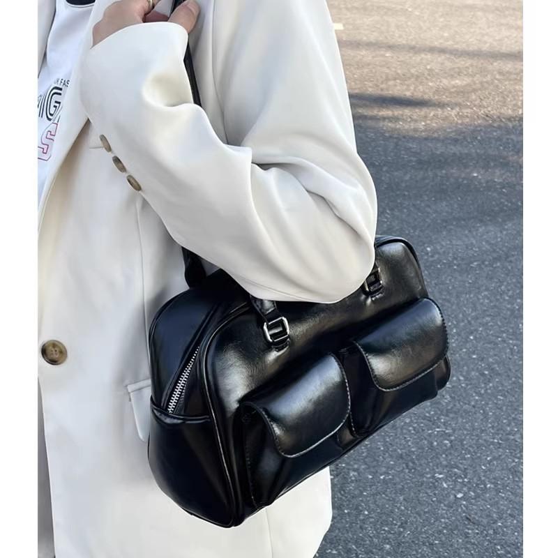 Retro Vintage Pu Tote Bowling Bag With Multiple Pockets For Daily Street Fashion