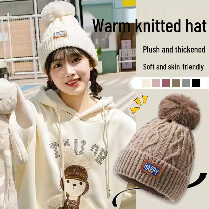 Damen Winter Samt Bommel Strickmütze - Trendiger Koreanischer Stil, Warm & Vielseitig, Dickes Kältefestes Wollendesign