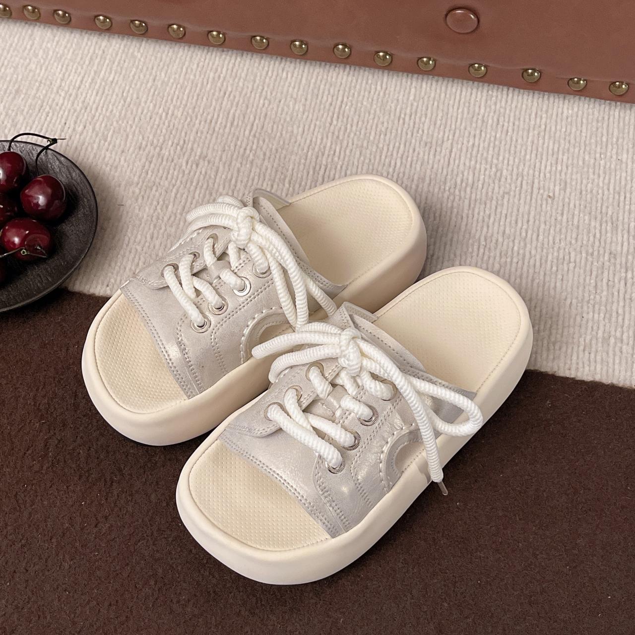 

Fashion Women Fashion Clogs Lace-up Platform Slippers Summer Shoes Soft EVA Anti-slip Female Beach Street Slides Thick Sole Sandals 35 бежевый