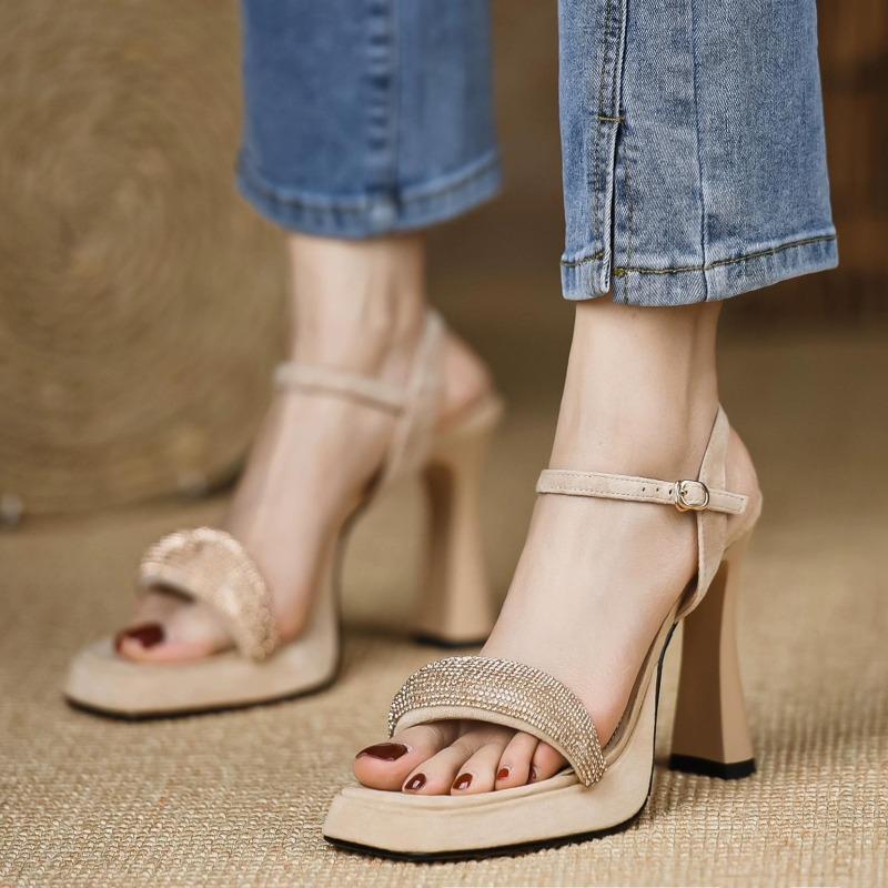 

Женские босоножки на блочном каблуке, летние новинки, квадратный носок, открытый носок, хрустальная платформа, ремешок-слингбэк, износостойкие высокие каблуки 39