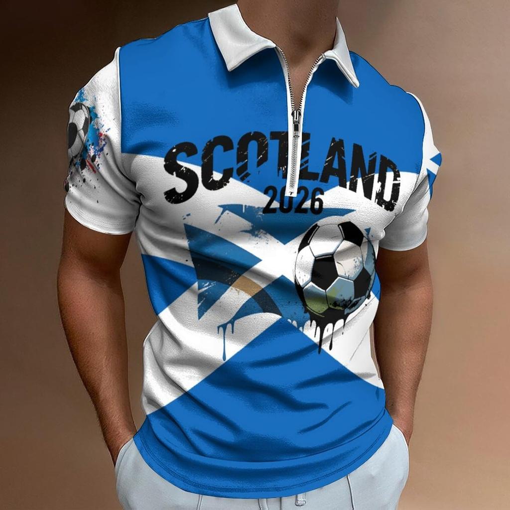 Men’s Casual Loose Fit Polo Shirt with Letter Print Zip Collar Short Sleeve Comfortable Breathable Top for Everyday Wear