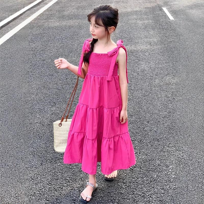 Girls' Summer Spaghetti Strap Beach Dress - Fresh, Stylish Vacation Wear for Big Girls