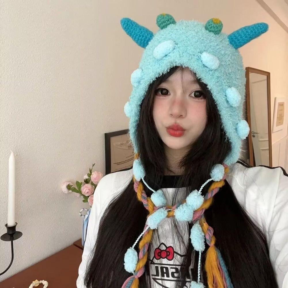 Knit Cleat Plush Beanies Hat Earflap Tassels Hat Cute Alpaca Fiber Pullover Cap Outdoor