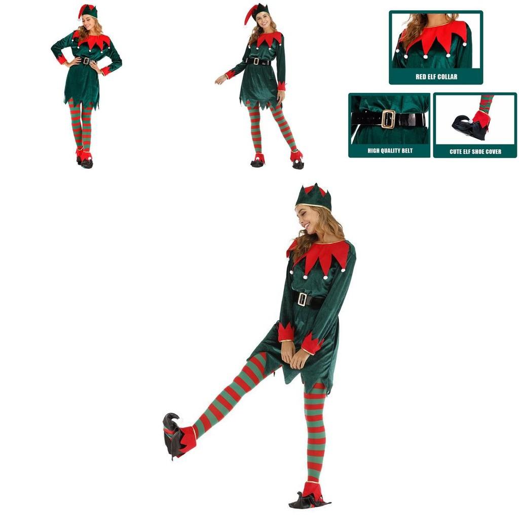 Women's Festive Xmas Elf Outfit Velvet Cosplay Costume With Bells