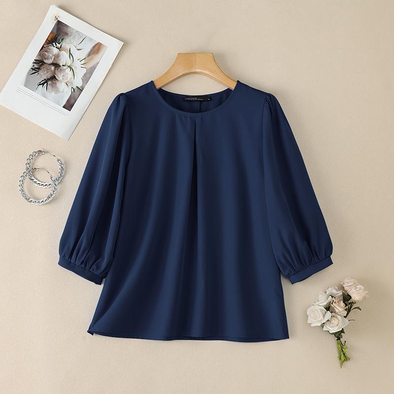 ZANZEA Blusa casual da donna a maniche 3/4 a tinta unita con scollo rotondo