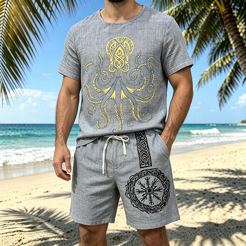 Men Viking Faith Octopus Print Loose Short Sleeve T Shirt And Shorts Two Piece Set