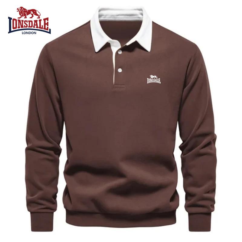 Lonsdale Tricou polo pentru bărbați din bumbac pur brodat cu mâneci lungi pentru toamnă și iarnă, top multifuncțional nou la modă și casual