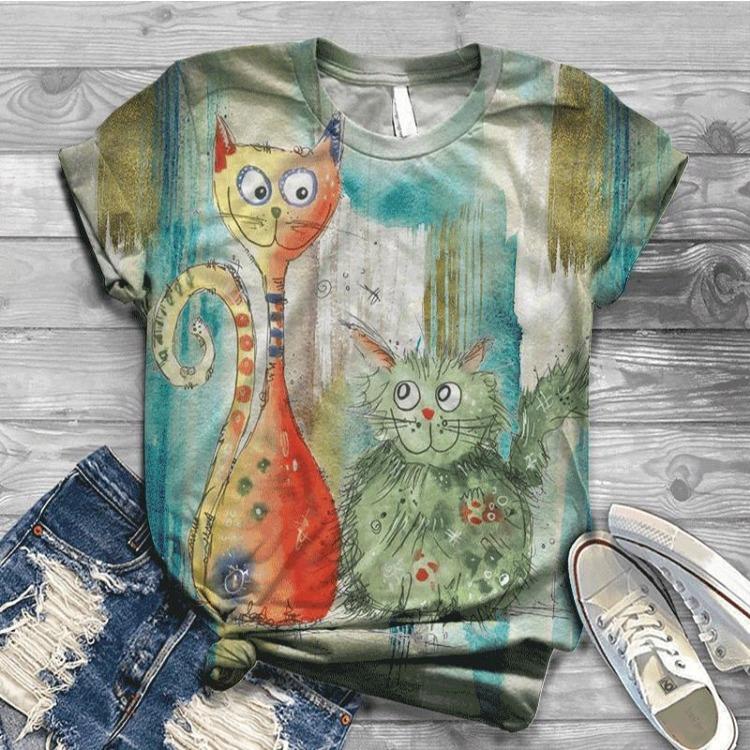 Women Summer Short Sleeve T-Shirt 3D Cat Printed O Neck Tops Digital Femme T Shirt