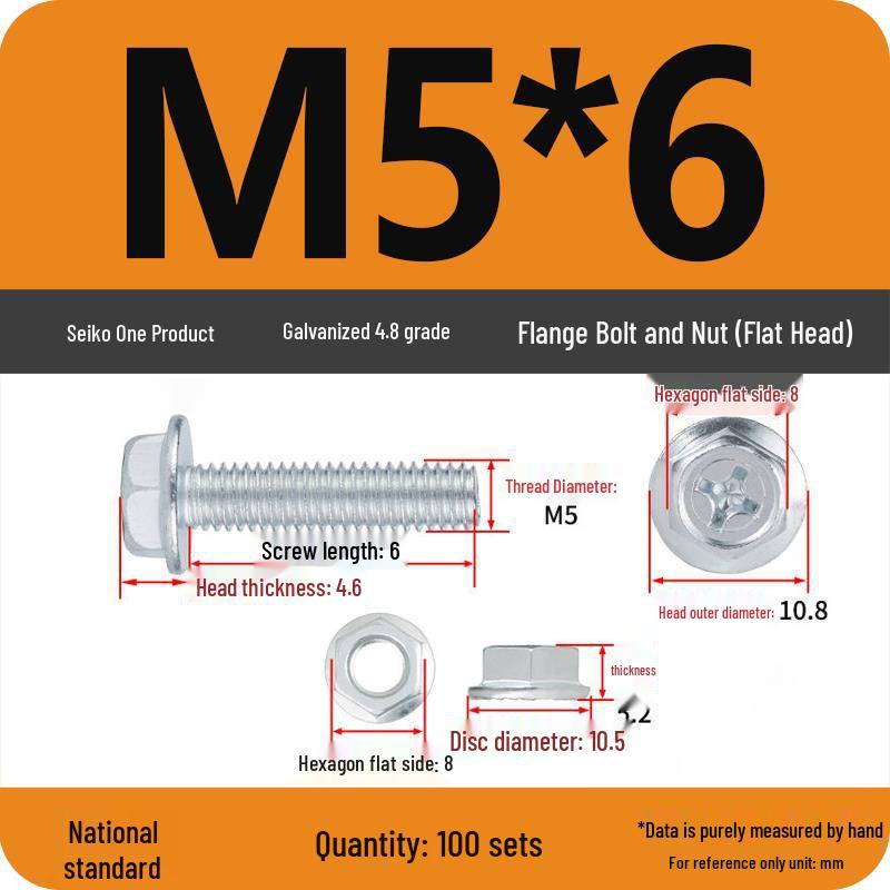 4.8 Grade Galvanized Hex Bolt Set with Anti-slip Washer & Nut, Cross Flange Head, M4/M5/M6/M8mm