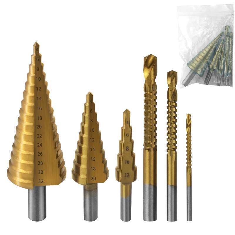 6-Piece Titanium-Plated Pagoda Step Drill Bit Set with Triangle Shank for Woodworking and Grooving