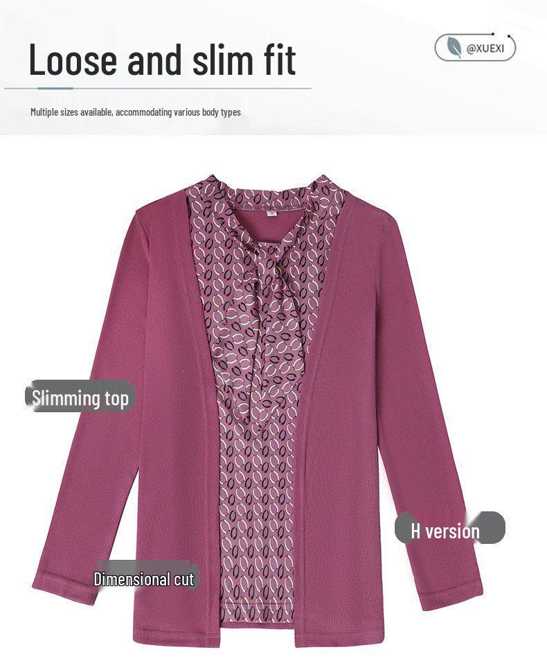 Mom's Elegant Fake Two-Piece Long-Sleeve Top for Middle-Aged Women
