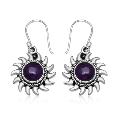 Natural Amethyst 8 Mm Round Gemstone 925 Sterling Silver Boho Sun Drop Dangle Earring For Women & Girls
