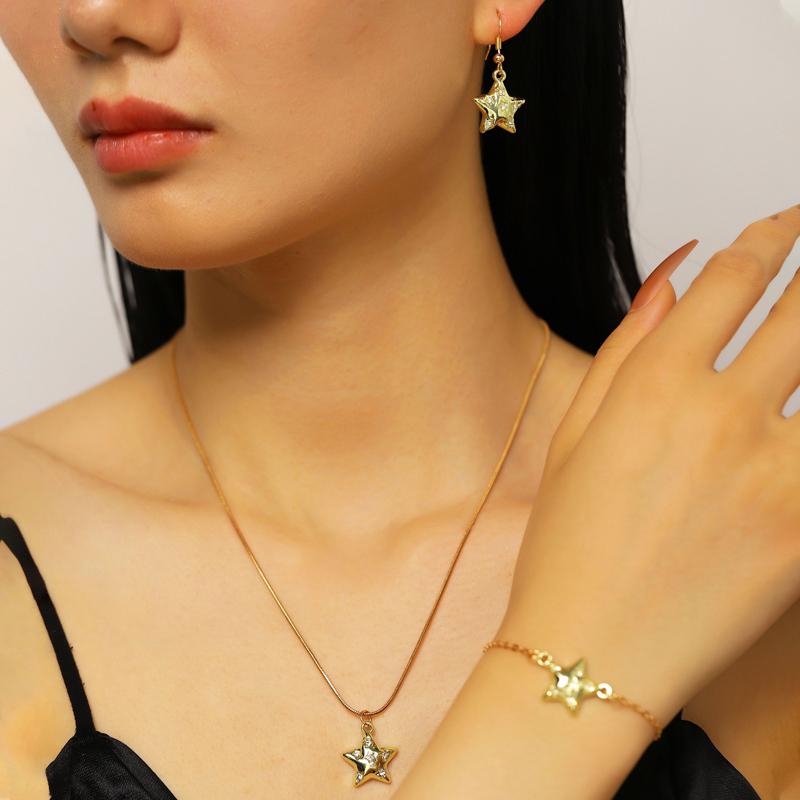 Simple Metal Star Set Zircon Pendant Earrings for Women Fashion Pentagram Earrings Bracelet Necklace Set Banquet Party Jewelry