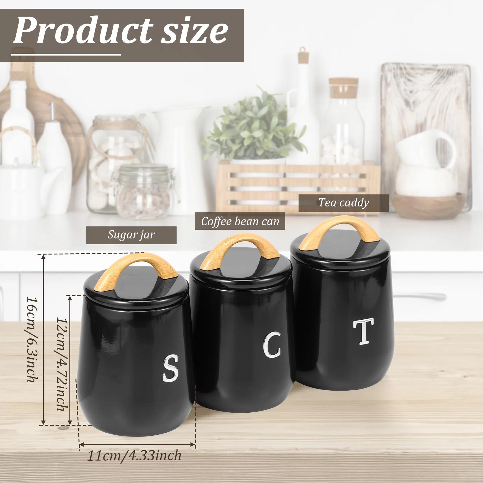 3Pcs Kitchen Storage Jar Tea Sugar Coffee Metal Sealed Canister Set with Different Labels and Bamboo Handle Foods Storage Caddy