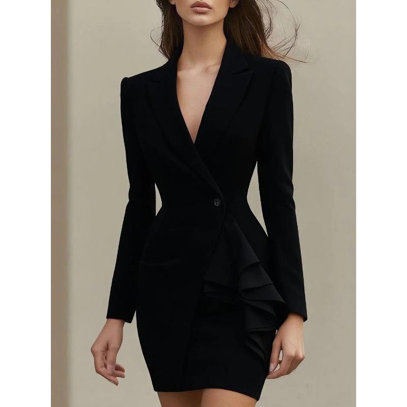 BITCED Women's Fashion Autumn Winter Solid Color Print Long Sleeve POLO Neck Casual Dresses