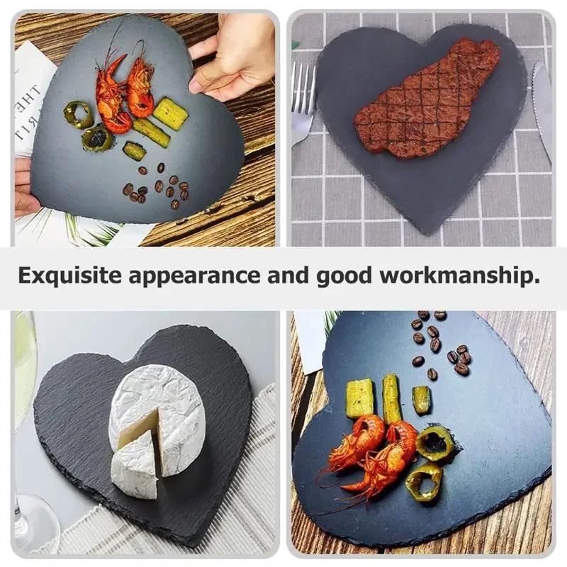 3Pcs Natural Slate Steak Plate Heart Shaped Dessert Dish Dinner Plate Food Storage Plate 15*15cm