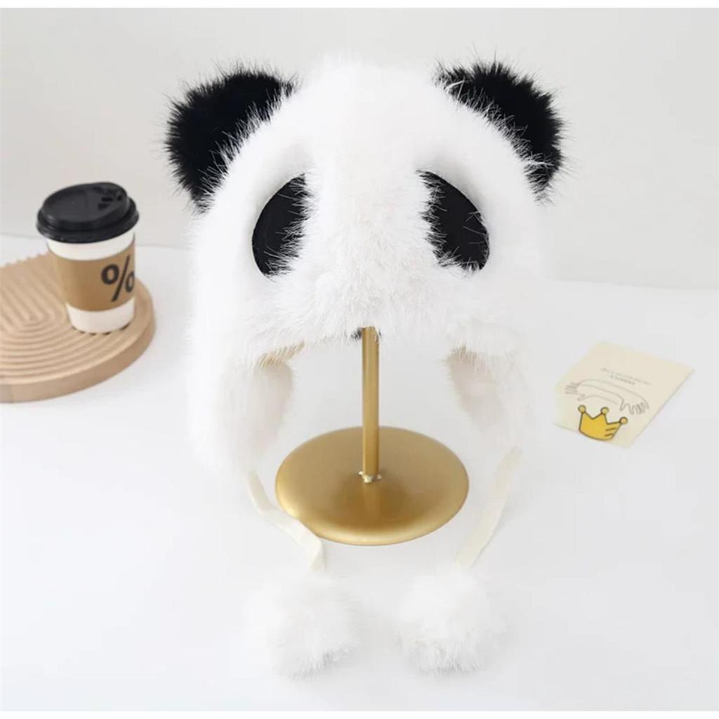 Winter female panda plush hat cute cartoon ear cap fluffy warm windproof cover