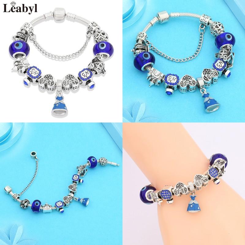 Potdemiel Pink Enamel Crystal Minnie Charm Bracelets Silver Color Heart Cartoon Bead Jewelry for Women Girl Gift