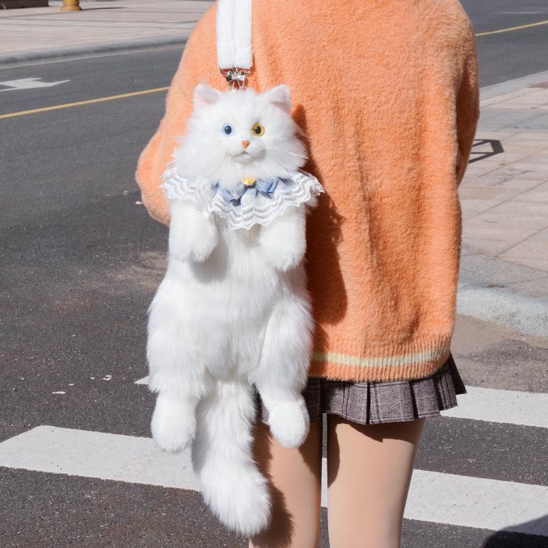 Super Cute Trendy Fashion White Cat Bag Plush Girl Backpack Pure Handmade Simulation Cat Shopping Bag Birthday Gifts For Kids