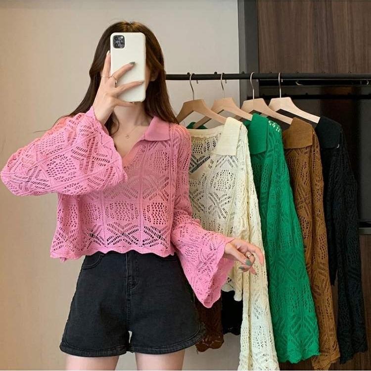 

Niche design sense early spring long-sleeved lapel knitted sweater women s fresh and sweet flared sleeve short top blouse Average size 53-302 розовый
