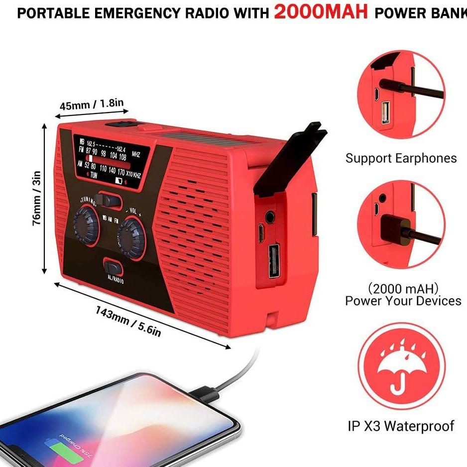 Portable Solar Hand-Crank Radio with Flashlight & Reading Light