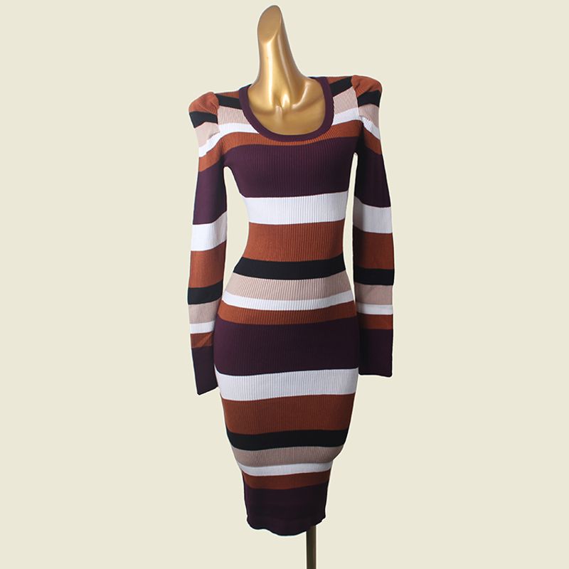 French Style Puff Sleeves Contrast Color U Collar Base Dress Foreign Trade Original Order Slim Fit Slimming Long Sleeves Bodycon Dress