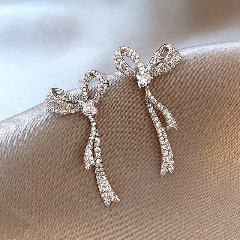 Elegant French Zircon Bow Long Earrings - Exquisite Niche Design, Gentle & Versatile Studs