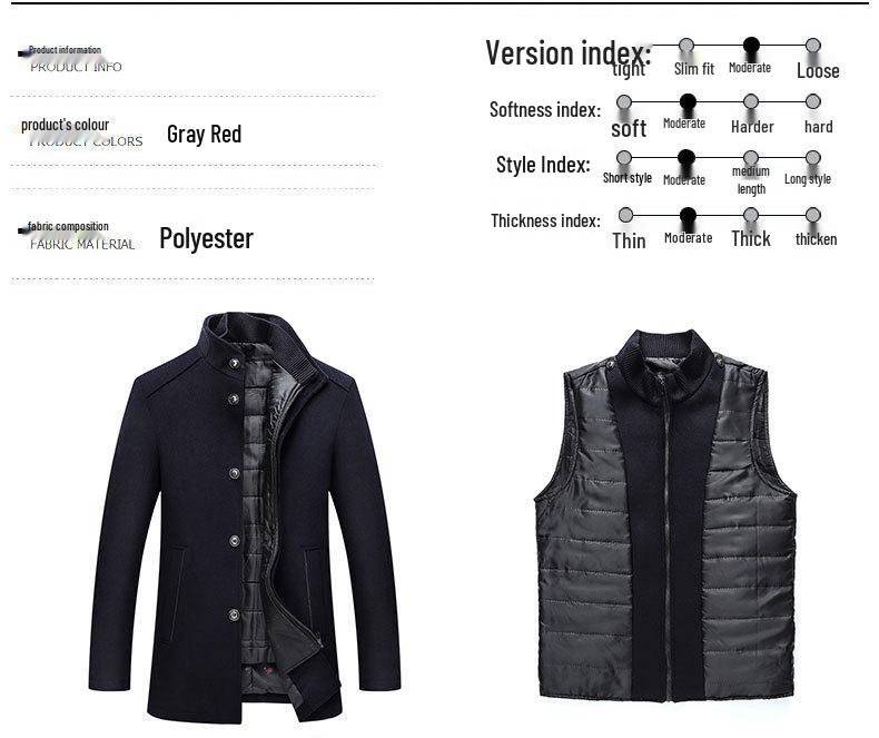 2026 Men's Woolen Stand Collar Jacket & Vest Set - Spring/Autumn Casual Solid Color Overcoat