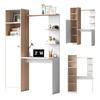 Work Table/Desk with Storage – White with Wood-Strip Contrast, lower cabinet with doors and upper open shelf, office design, 123.5x45x168.5 cm