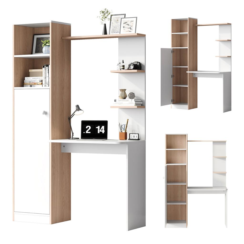 Work Table/Desk with Storage – White with Wood-Strip Contrast, lower cabinet with doors and upper open shelf, office design, 123.5x45x168.5 cm