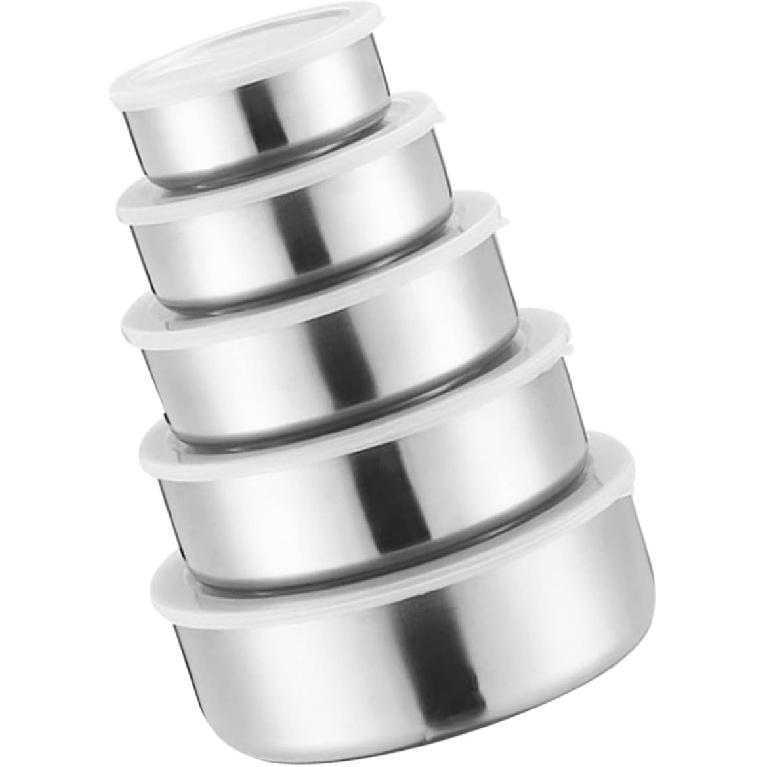 5 Set of Stainless Steel Fresh-Keeping Boxes with Lids, Round Sealed Bowls,Used to hold fruits, vegetables, and snacks kitchen accessories