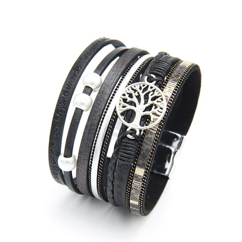 Women's Classic Woven Leather Bracelet with Tree of Life Pendant and Pearls