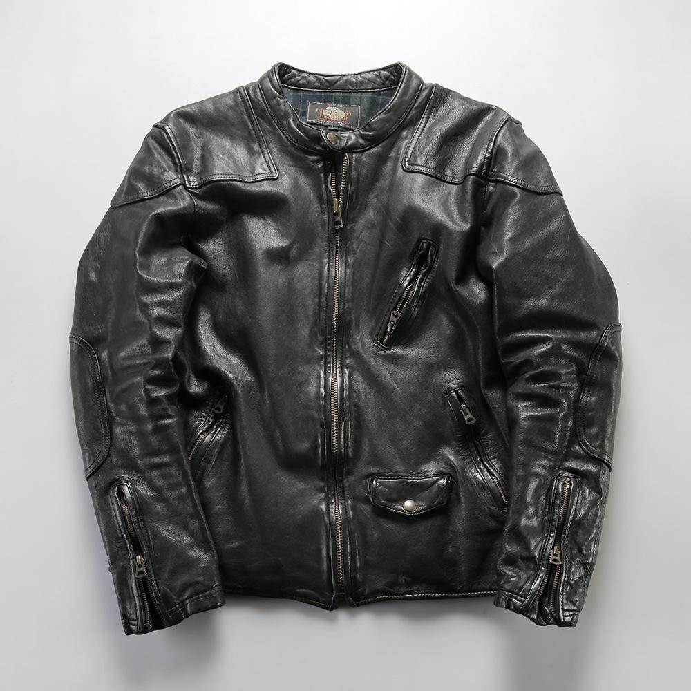 Heavy wash pleated full vegetable tanned sheepskin venom leather jacket locomotive leather jacket stand-up collar vintage men's leather jacket
