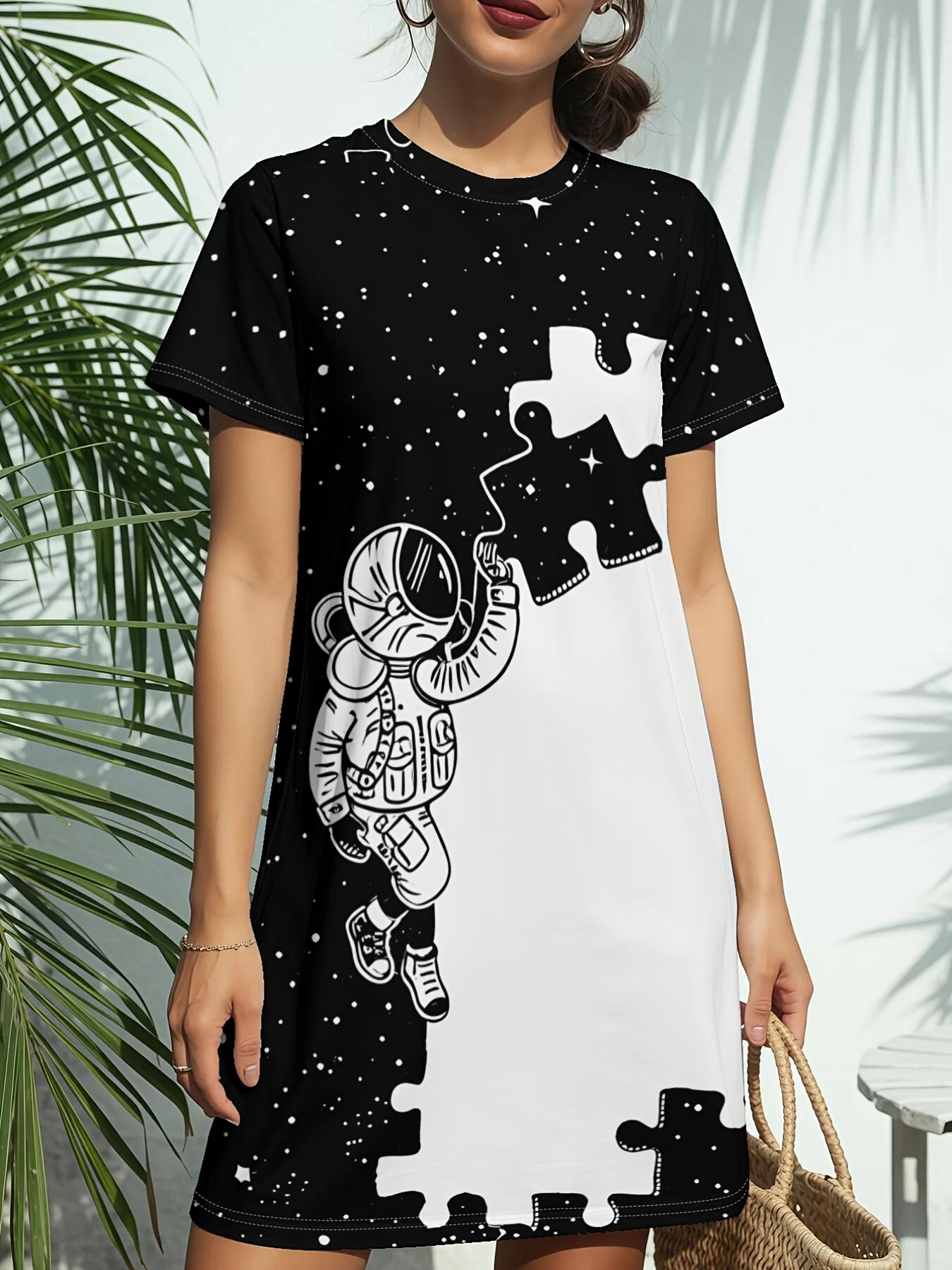 

Black White Puzzle Print New Women S Round Neck Short Sleeve T-Shirt Dress. American Style Trend Digital Printing. Casual And Versatile for Spring And S дубильная кора