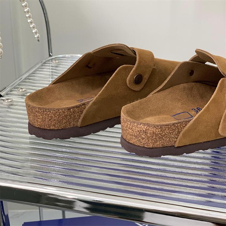 Boken Women's 2025 Autumn Genuine Leather Cork Bottom Suede Closed-Toe Mule Slippers