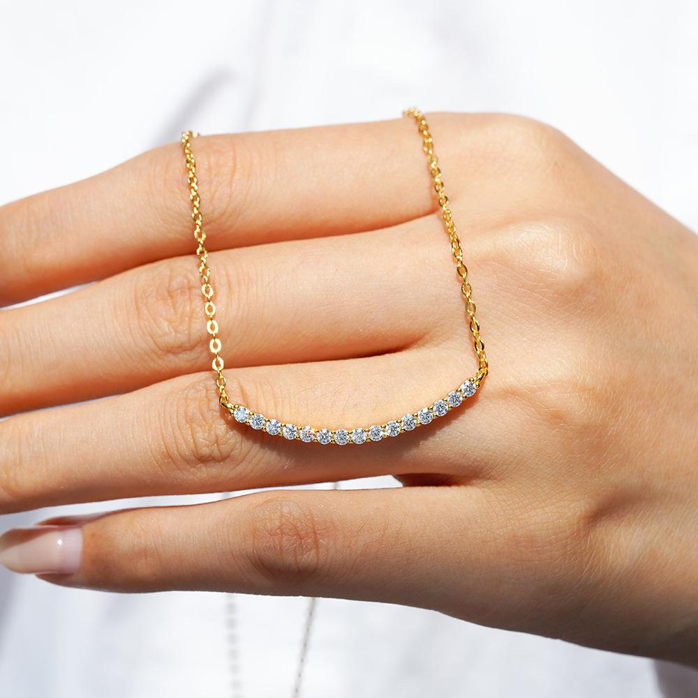 925 Sterling Silver Curved Bar Moissanite Pendant Necklace for Women – Dainty Tennis Style Jewelry