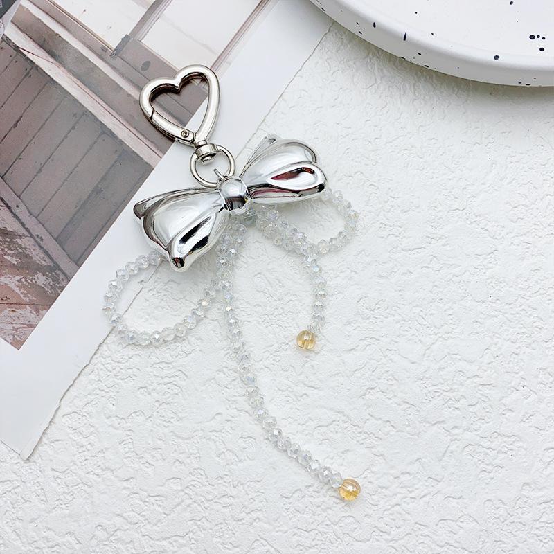 Y2K Korean Cute Beaded Pearl Bowknot Keychain for Women Girls Metal Bow Pendant Bag Decoration Car Interior Decor Accessories