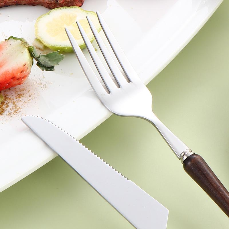 304 stainless steel wooden handle small waist bright chicken wing wood knife, fork and spoon western tableware steak knife and fork four-piece set