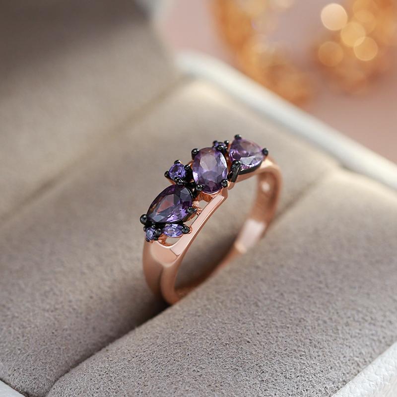 Luxury Purple Natural Zircon Ring For Women  Rose Gold And Black Plating Vintage Wedding Party Daily Fine Jewelry