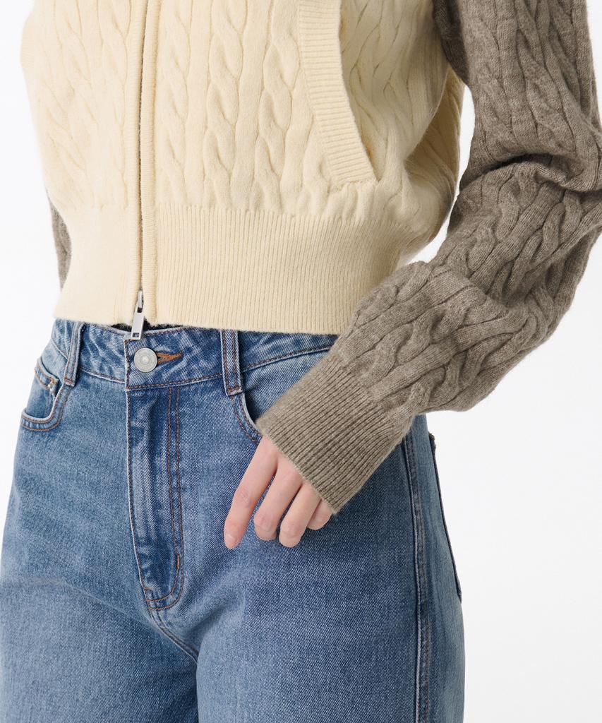 MUSINSA STANDARD WOMAN Women'S Color Block Cable Knit Zip-Up [Heather Beige]
