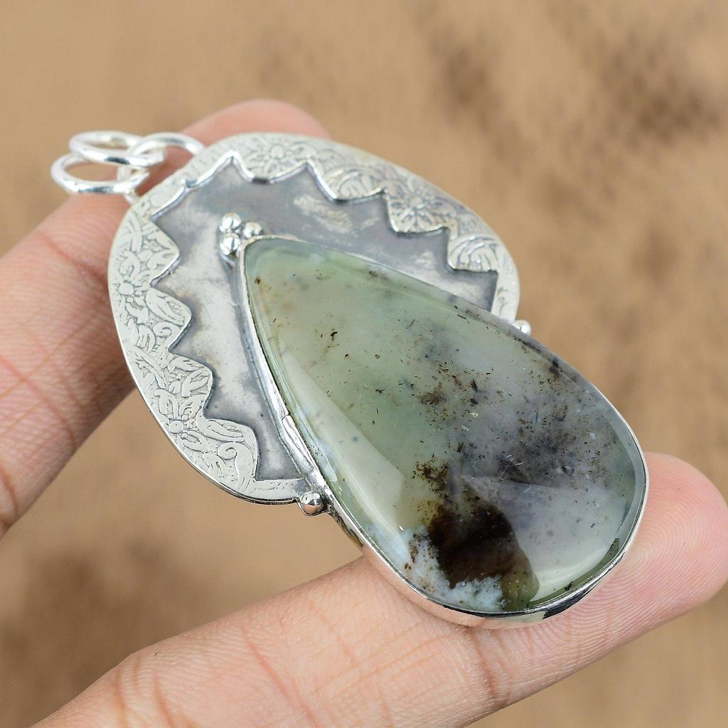 Birthday Gift For Her Natural Moss Prehnite Gemstone Pendant 925 Sterling Silver