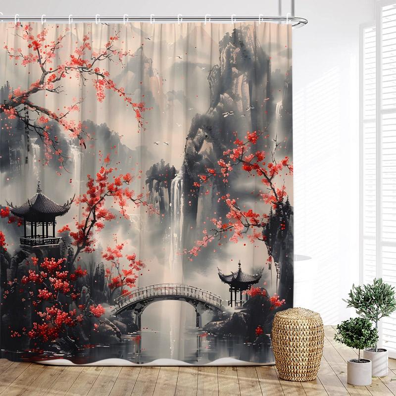 Havsvågor Bläckfisk Duschdraperier Sol Röd Floral Paviljong Japansk Stil Landskap Polyestertyg Hem Badrum Draperi Dekor