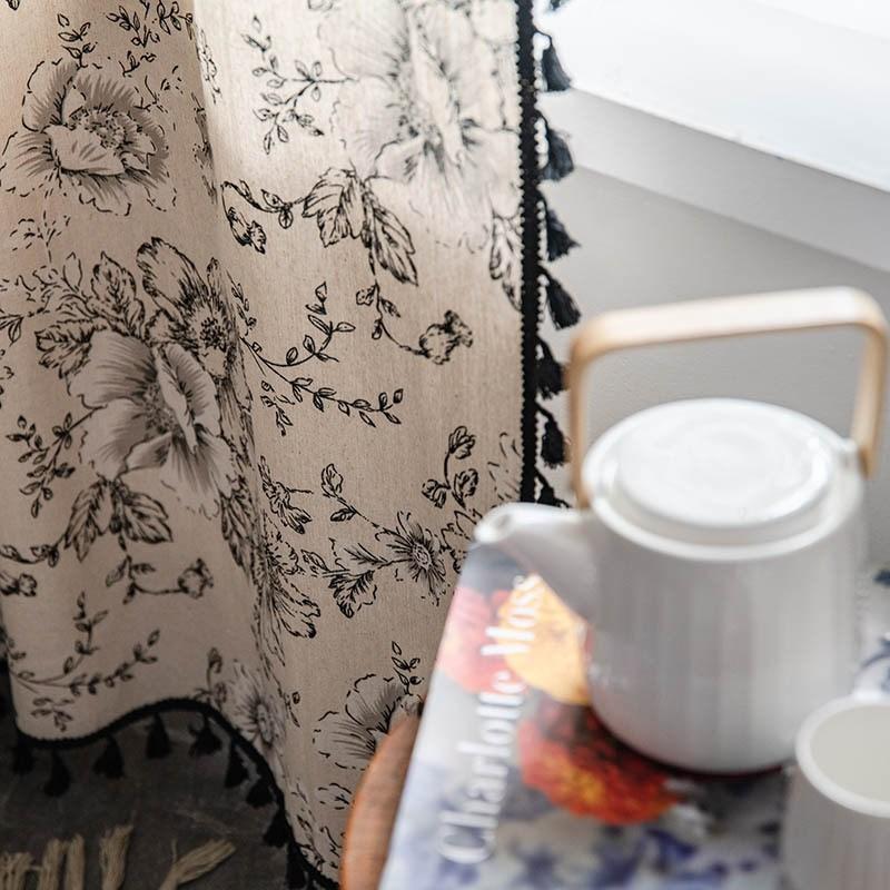 Cotton Linen American Floral Blackout Window Curtains with Tassel for Bedroom Kitchen Curtains Country Style Living Room Curtain