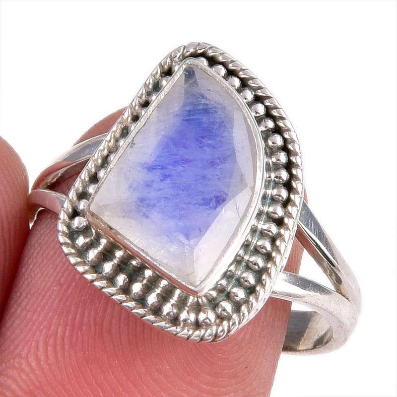 

Natural Rainbow Moonstone Gemstone Handmade 925 Solid Silver Gift Ring S.9 I2c52