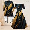 Women Plus Size Black Blue Printed Two Piece Set Square Neck Short Sleeve Tie Waist Flared Dress Long Sleeve Cardigan