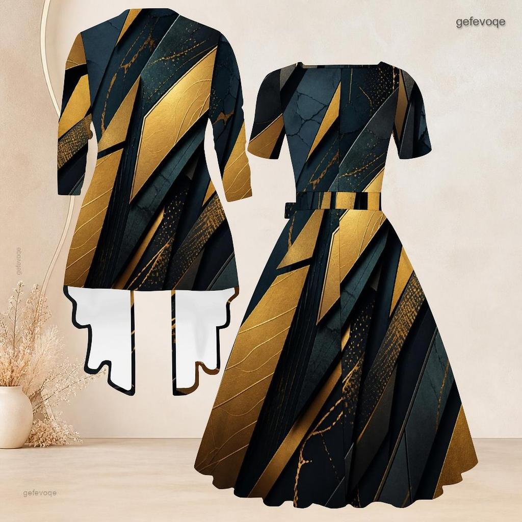 Women Plus Size Black Blue Printed Two Piece Set Square Neck Short Sleeve Tie Waist Flared Dress Long Sleeve Cardigan