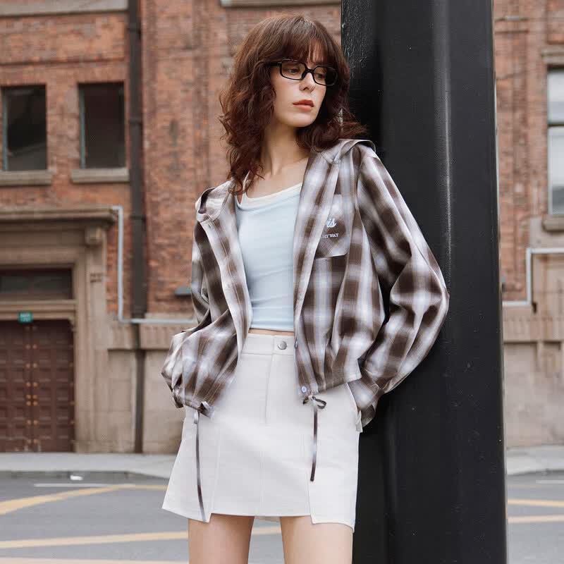 ELLE Retro Plaid Hooded Cotton Shirt for Women S